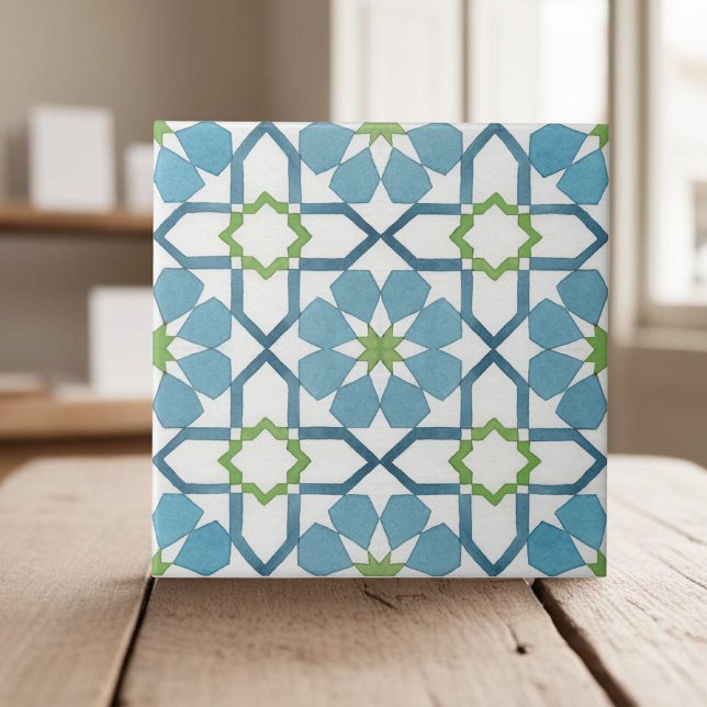 Hand målad geometrisk teal blue moroccan-etnisk et kakelplatta (Skapare uppladdad)