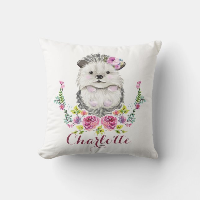 Hand målad Hedgehog blommigt Personlig Kudde (Framsida)