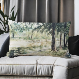 Hand målad sommarvattenfärg grönt träd floden lumbarkudde