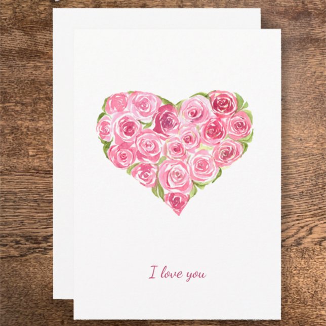 Hand målad vattenfärg ro hjärta Valentines day Julkort (My hand painted watercolor Valentine’s Day card, pink roses in heart shape. I love you custom script)