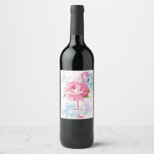 Hand målade den rosa flamingoen vinflaska etikett