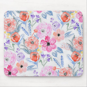Hand målade rosa korallvattenfärgblommor musmatta