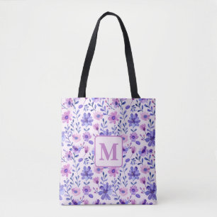 Hand målat lila blommor personlig monogram tygkasse