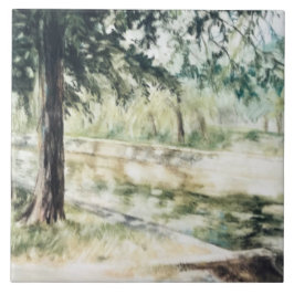 Hand målat sommarlandskap grönt träd floden kakelplatta