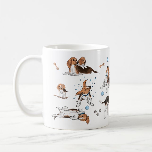 Hand målat vattenfärgat beagle-kaffe mugg | HUND (Vänster)