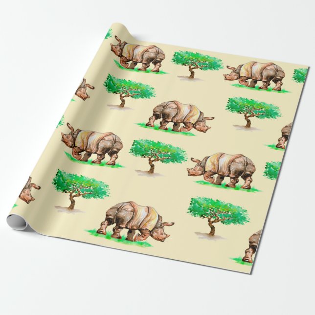 Hand målat vattenfärgsrhinoceros, sömlös patron presentpapper (Utrullad)