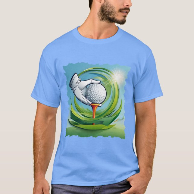 Hand med handske placerar en golfboll t shirt (Framsida)