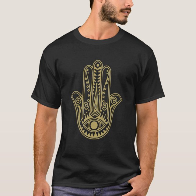 Hand of Hamsa Fatima Evil Turkish Tiger Eye T Shirt (Framsida)