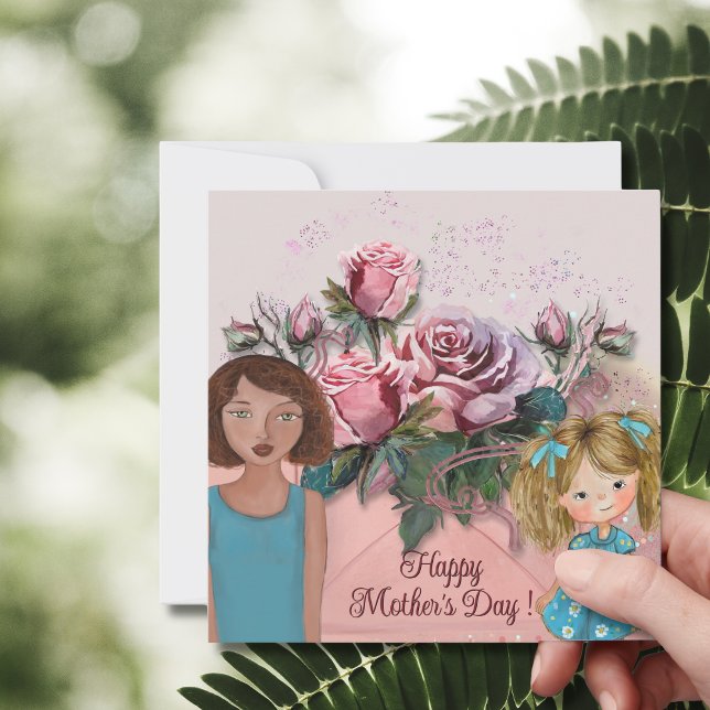 Hand Paated Mors dag Ro Art Julkort (Mother, Daughter & Roses | Happy Mother's Day Holiday Card)