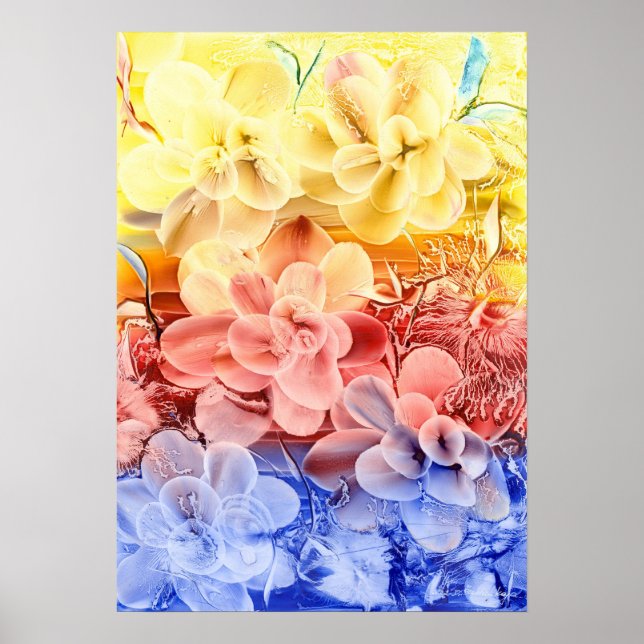 Hand Painted Fantasy Floral Art - Yellow Red Blue  Poster (Framsidan)