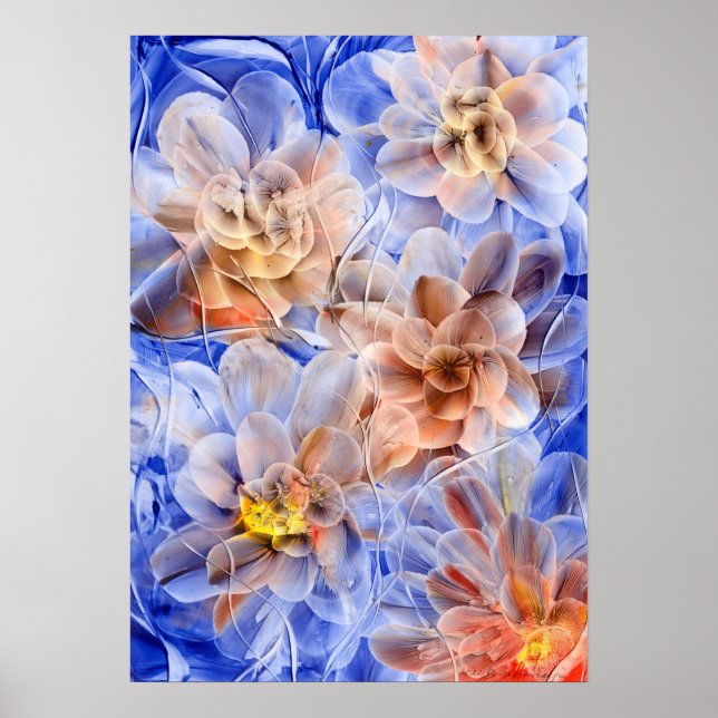 Hand Painted Floral Fantasy - Blue and Peach Bloom Poster (Framsidan)