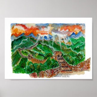 Hand Painted Great Wall of China Watercolor Art Poster