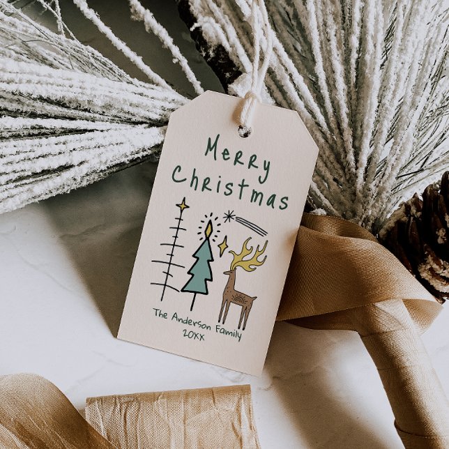Hand Painted  Green Christmas Trees Reindeer Presentetikett (Skapare uppladdad)