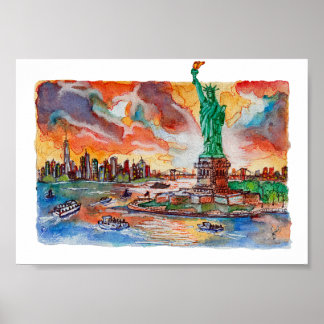 Hand Painted New York Liberty Statue Watercolor Poster