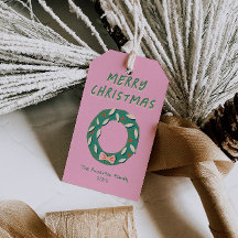Hand Painted Pink Green Christmas Wreath Bold