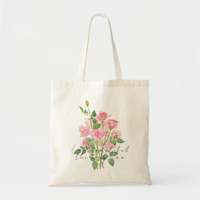 hand painted pink rose tote bag tygkasse (Framsidan)