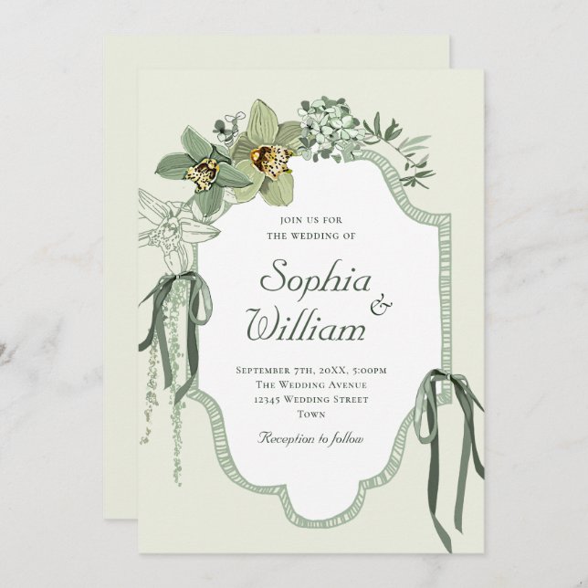 Hand Painted Sage Green Orchids Wedding Invitation Inbjudningar (Fram/baksida)