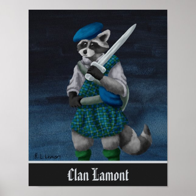 Hand Painted Scottish Raccoon Clan Lamont Poster (Framsidan)