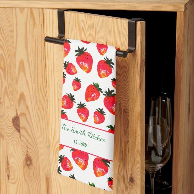 Hand-Painted Strawberry Personalized Boho Spring Kökshandduk (Thirds Fold)