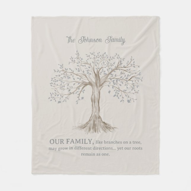 Hand Painted Tree Custom Family Quote Gray Beige Fleecefilt (Framsidan)