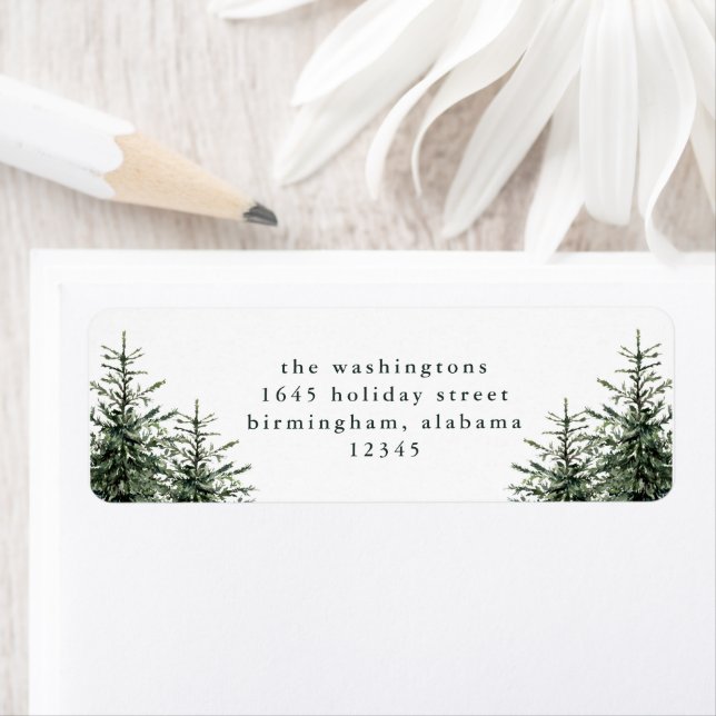 Hand-painted Trees Christmas Card Return Address Returadress Etikett (Insitu)