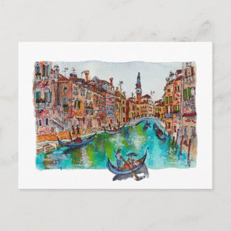 Hand Painted Venice Canals and gondolas Watercolor Vykort