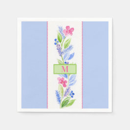 Hand Painted Watercolor Floral NAME Initial Blue Pappersservett