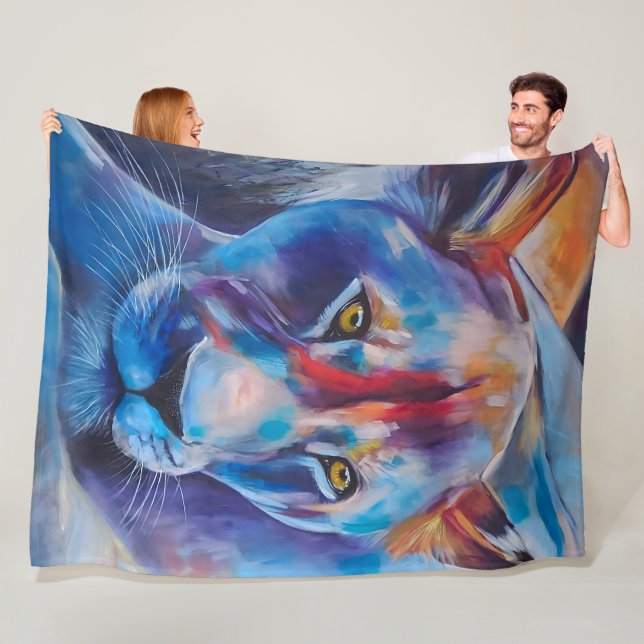 Hand Painted Wild Cat Portrait Fleecefilt (På plats)