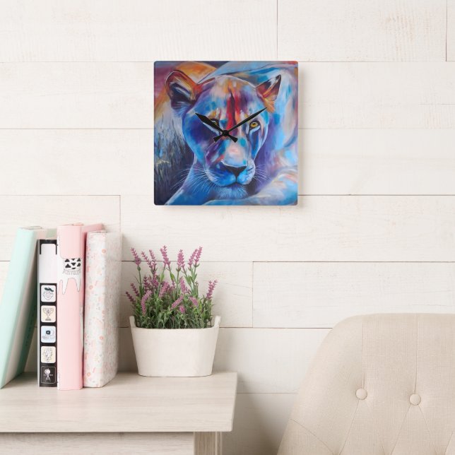 Hand Painted Wild Cat Portrait Fyrkantig Klocka (Läsesal)
