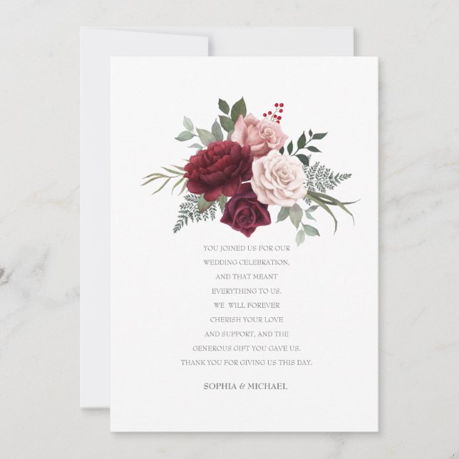 Hand Pavisserligen Burgundy Bukett med rosor Tack Kort (Framsida)