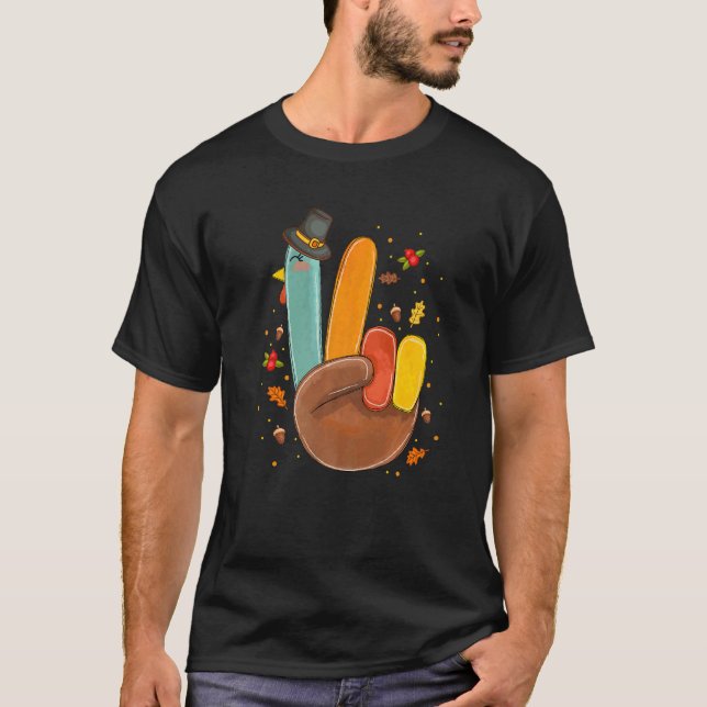 Hand Peace Sign Turkey Pilgrim Hat Cool Retro Than T Shirt (Framsida)