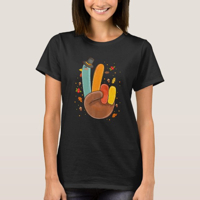 Hand Peace Sign Turkey Pilgrim Hat Cool Retro Than T Shirt (Framsida)