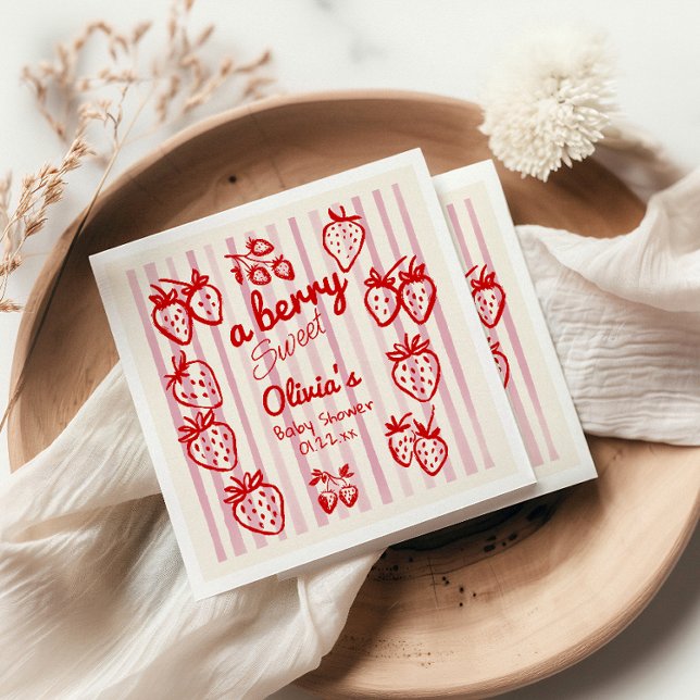 Hand plockade A Berry Sweet Strawbär Baby Shower Pappersservett (Skapare uppladdad)