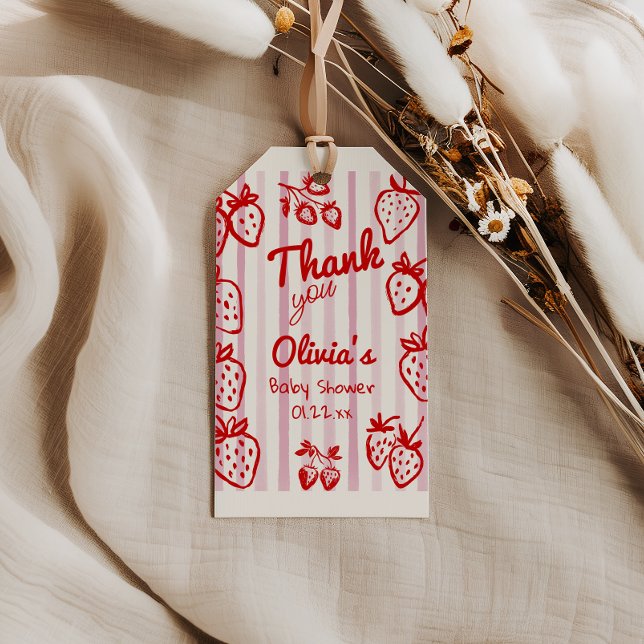 Hand plockade A Berry Sweet Strawbär Baby Shower Presentetikett (Skapare uppladdad)