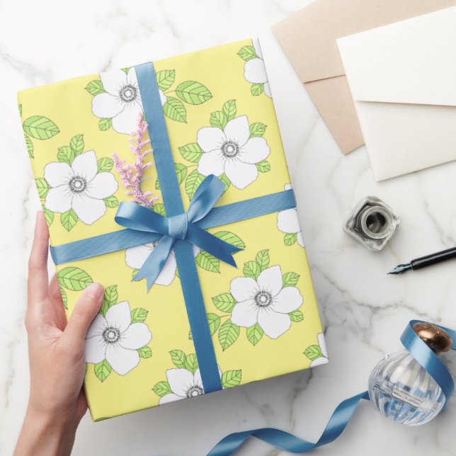 Hand plockade Anemone Flower Mönster Wrapping Papp Presentpapper (Gåvor)