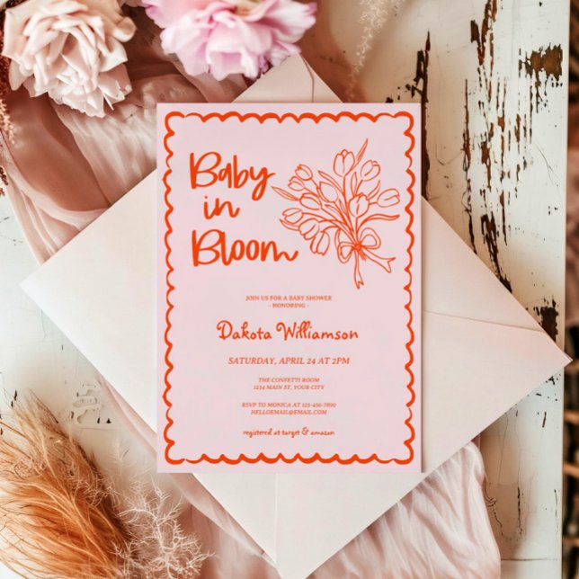 Hand plockade Baby i babyskor för bloombarn Inbjudningar (Baby in Bloom Whimsical Hand Drawn Baby Shower Invite)