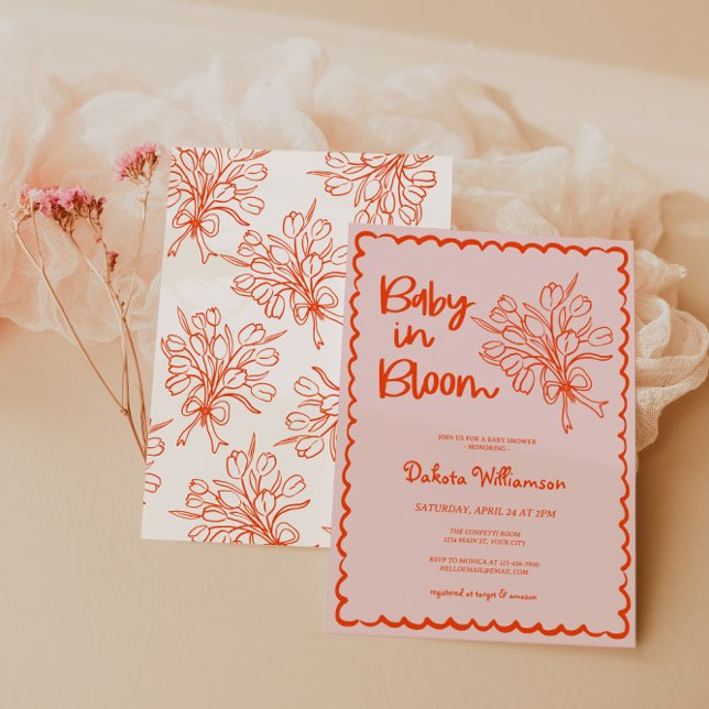 Hand plockade Baby i babyskor för bloombarn Inbjudningar (Baby in Bloom Girls Baby Shower Invite)