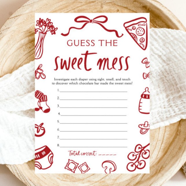 Hand plockade Baby Shower gissar att det söta  spe Inbjudningar (Hand Drawn Baby Shower Guess The Sweet Mess Game)