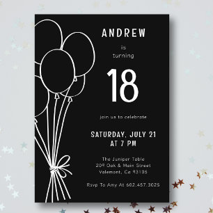 Hand plockade Birthday Balloon Black and White Boy Inbjudningar