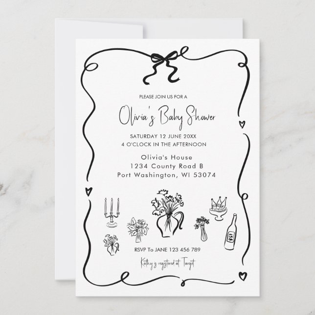 Hand plockade Black Bow Baby Shower Inbjudningar (Framsida)