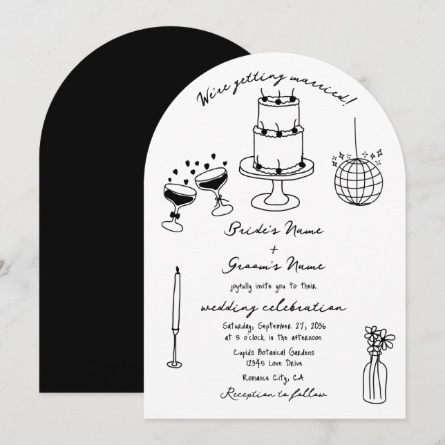 Hand plockade Black Illustrations Doodles Bröllop Inbjudningar (Fram/baksida)