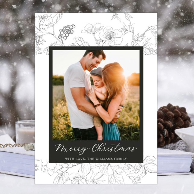 Hand plockade Black & White Blommigt God jul Julkort (Modern Script Hand drawn floral Merry Christmas Holiday Photo card with black and white wildflowers)