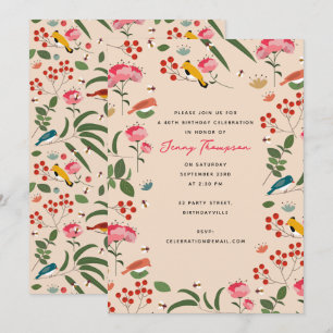 Hand plockade Blommigt Birds Bees Botanical Birthd Inbjudningar