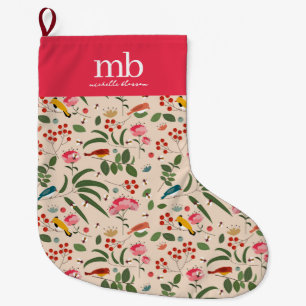 Hand plockade Blommigt Birds Bees Botanical Monogr Stor Julstrumpa