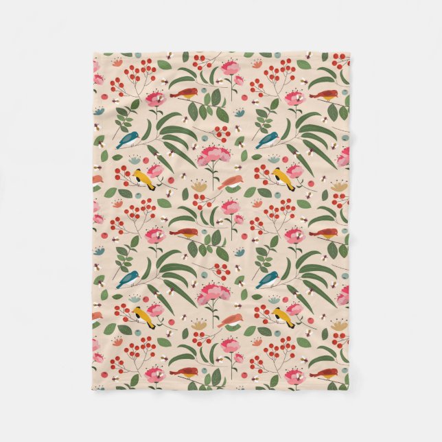 Hand plockade Blommigt Birds Bees Botanical Mönste Fleecefilt (Framsidan)