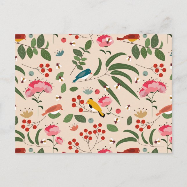 Hand plockade Blommigt Birds Bees Botanical Mönste Helg Vykort (Framsida)