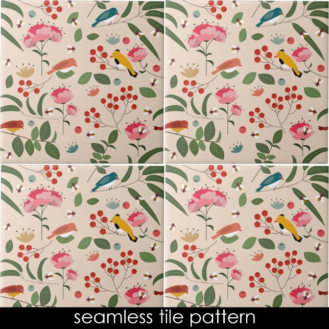 Hand plockade Blommigt Birds Bees Botanical Mönste Kakelplatta (Hand Drawn Floral Birds Bees Botanical Pattern Ceramic Tile)