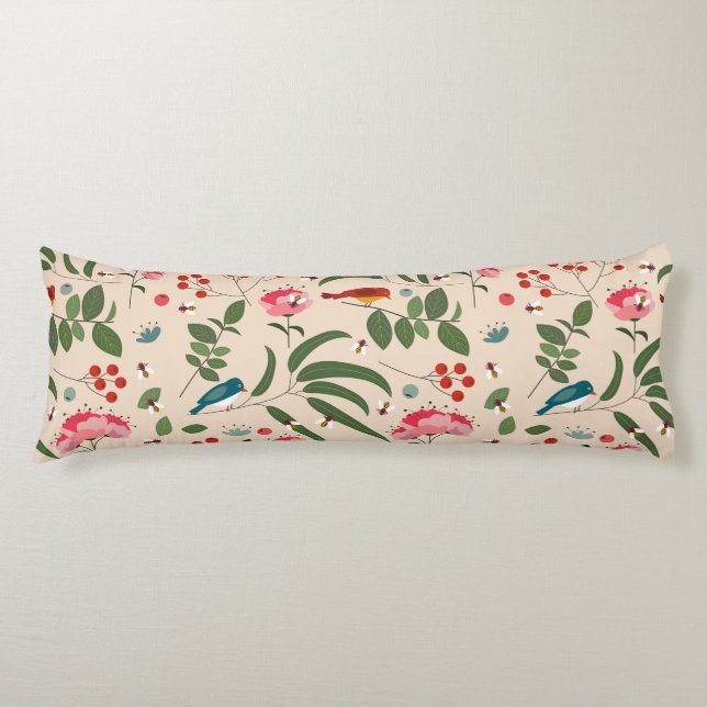 Hand plockade Blommigt Birds Bees Botanical Mönste Kroppskudde (Framsidan)