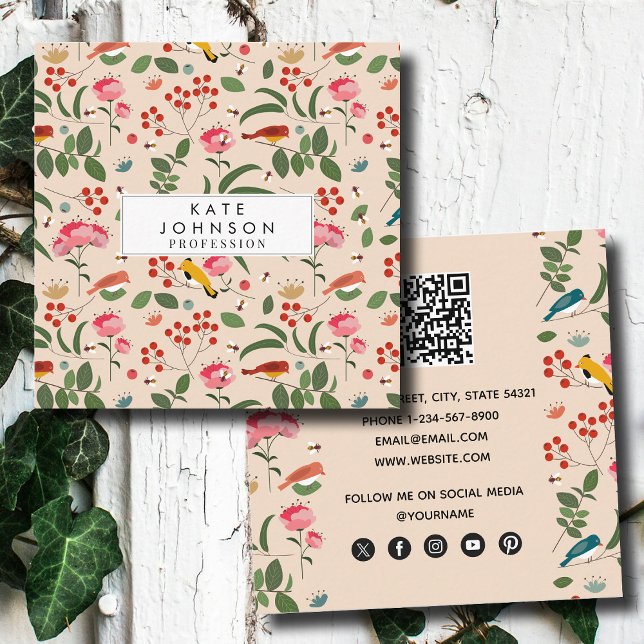 Hand plockade Blommigt Birds Bees Mönster Fyrkantigt Visitkort (Hand Drawn Floral Birds Bees Pattern Square Business Card)