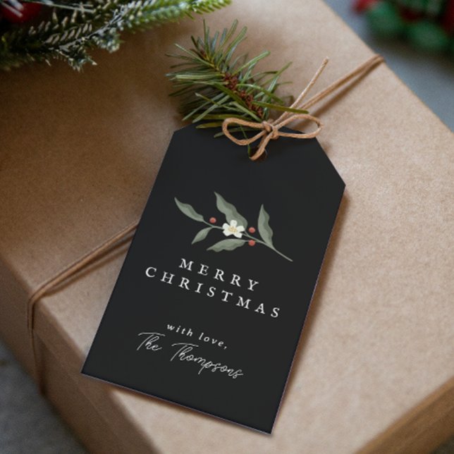 Hand plockade Blommigt Black jul Gift Märkre Presentetikett (Hand Drawn Floral Black Christmas Gift Tag)